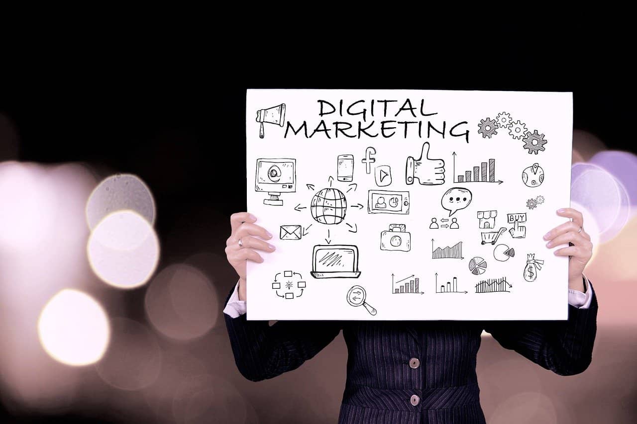 digital marketing whiteboard featuring web design and seo terms and icons